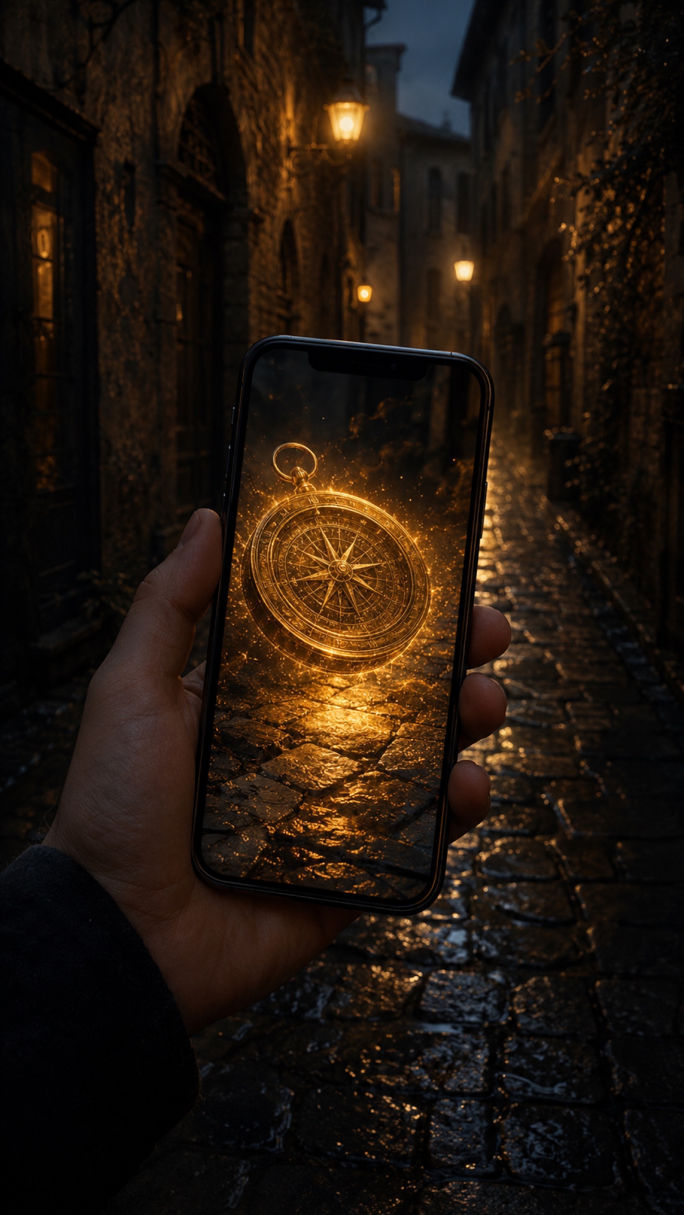 A hand holds a phone on a dark cobblestone street; a glowing golden compass appears on the screen in augmented reality.