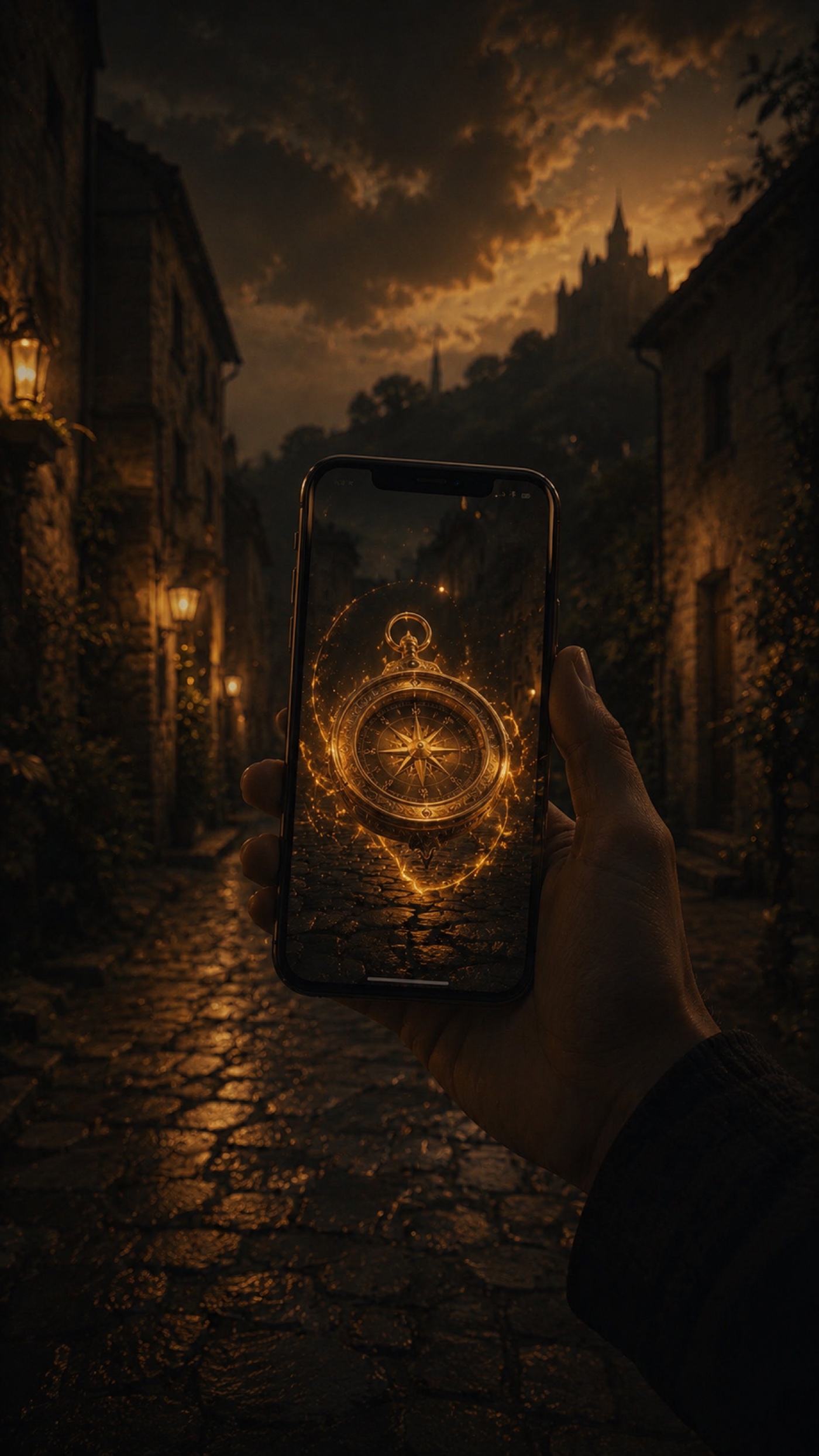 A hand holds a phone on a dark old street; a glowing golden compass appears on the screen.