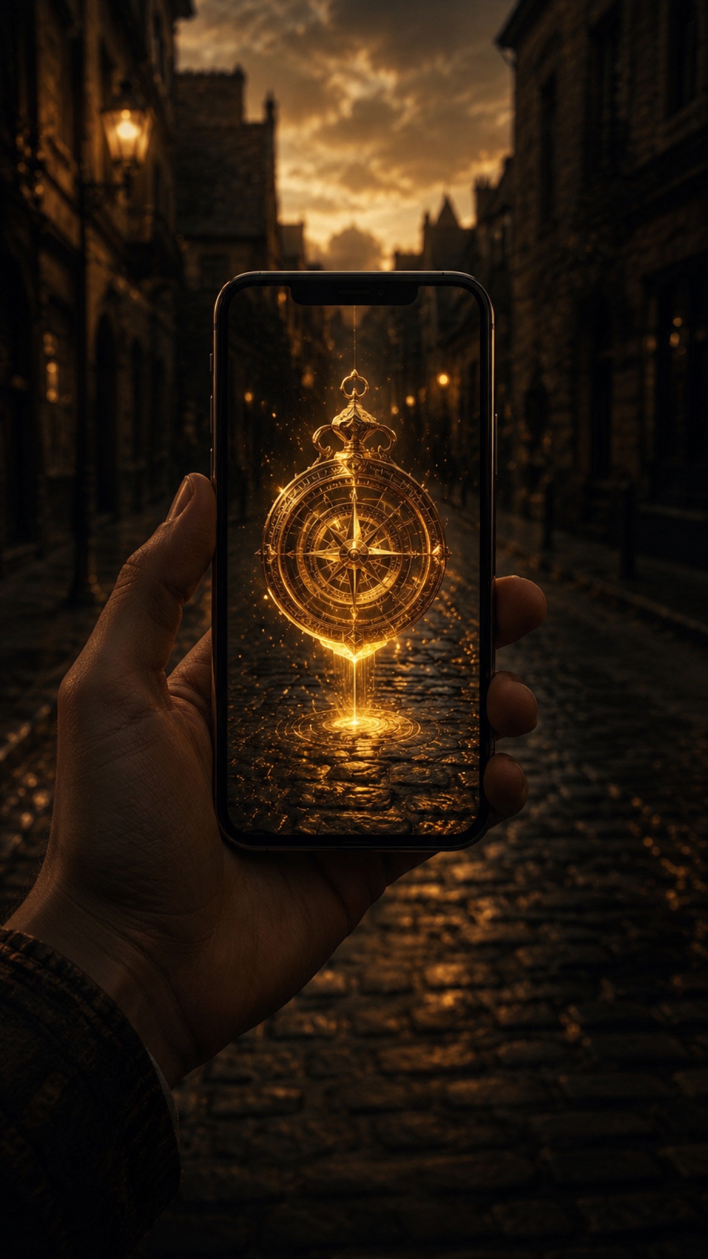 A hand holds a phone on a dark street; a glowing golden compass appears on the screen.