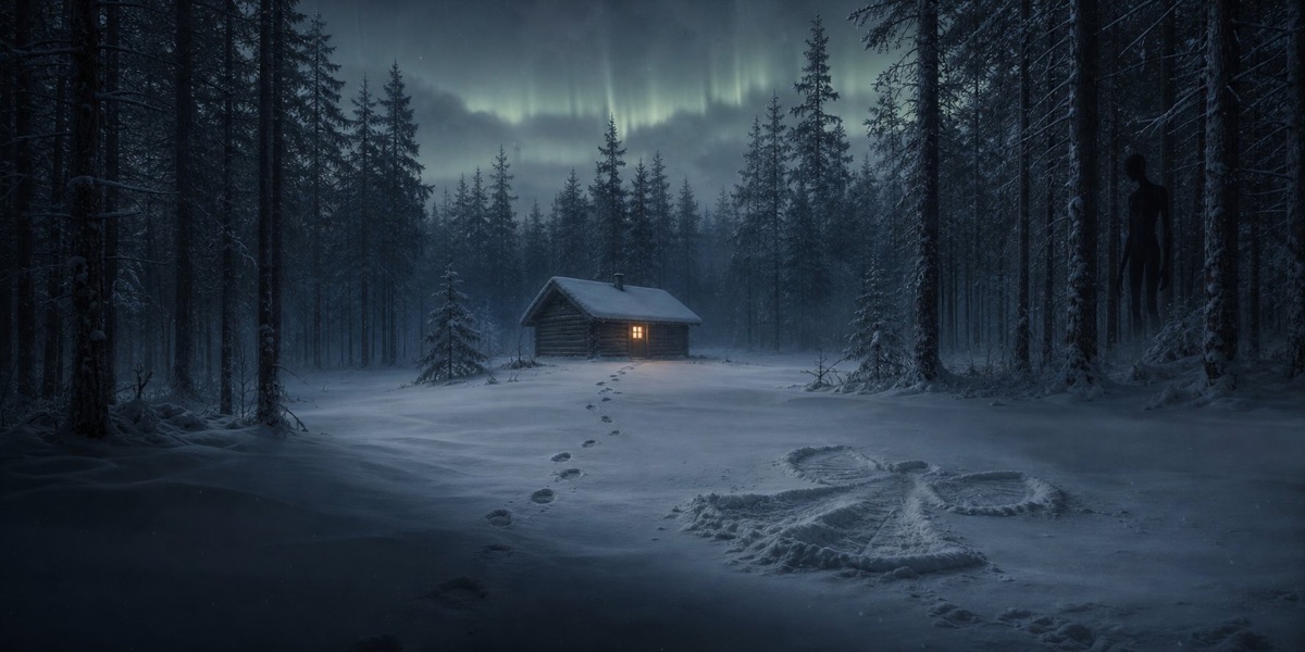 A lone lit cabin in a dark snowy forest at night.